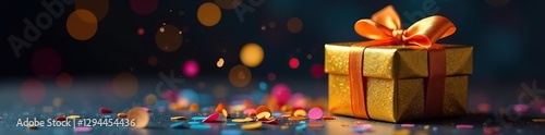 Golden gift box with colorful confetti in a dark bokeh background, gift box, present, present