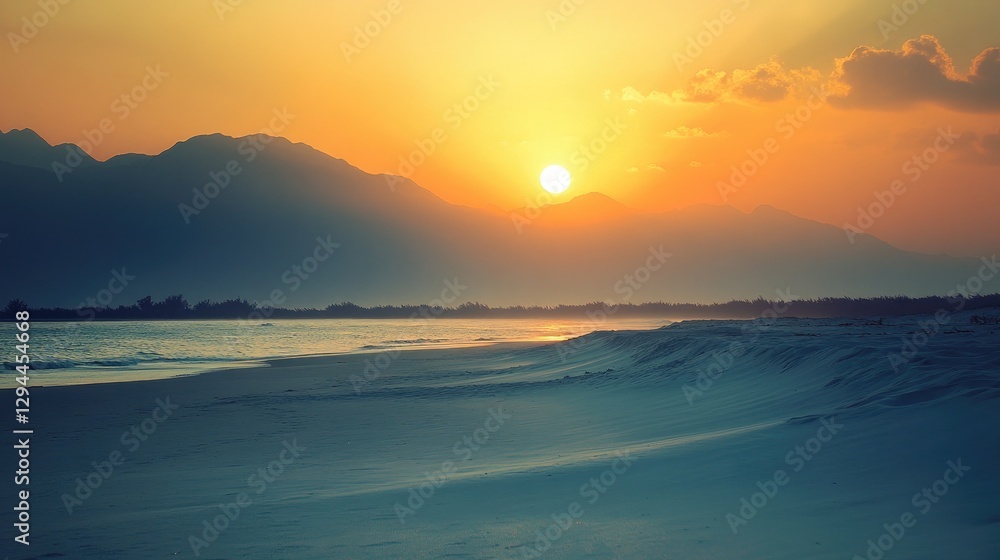 Fototapeta premium Distant mountains silhouetted against a sunset over a pristine white beach