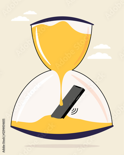 Phone in hourglass is covering with sand. How much time people spend on their phone. Concept of missed time and  opportunities. Vector illustration.