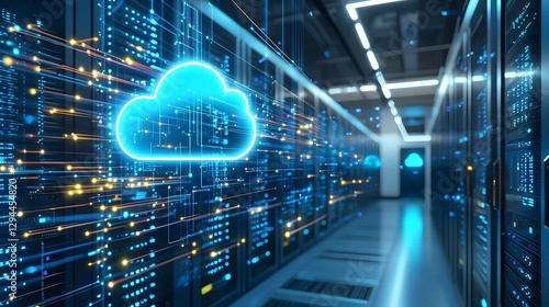 Futuristic neon lit cloud icon suspended in mid air within a modern ultra secure data center server room showcasing seamless digital connectivity and advanced technology infrastructure