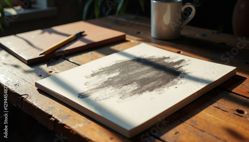 Charcoal sketching on rustic table in dimly lit room, artistic expression