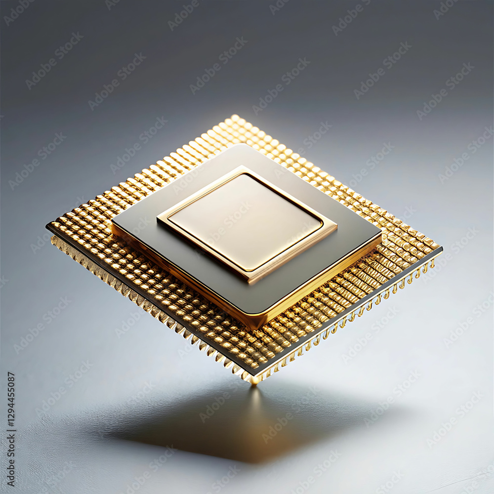 Single microchip with golden details floating in minimalistic design Single microchip with golden details floating in minimalistic design