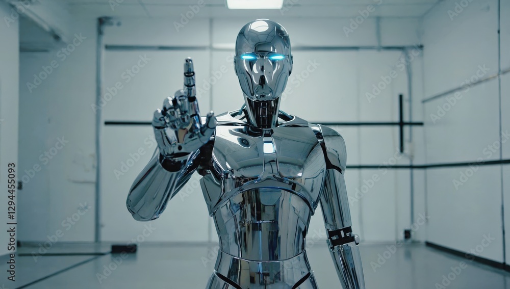 Futuristic chrome humanoid robot with raised finger in modern setting Futuristic chrome humanoid robot with raised finger in modern setting
