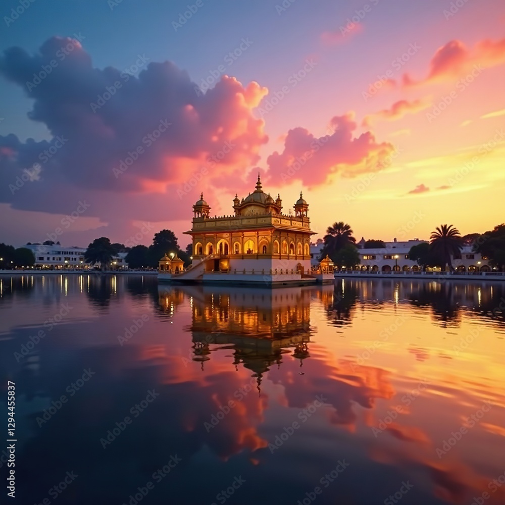 Fototapeta premium Golden temple silhouetted against sunset sky reflected in calm lake waters, reflection, lake