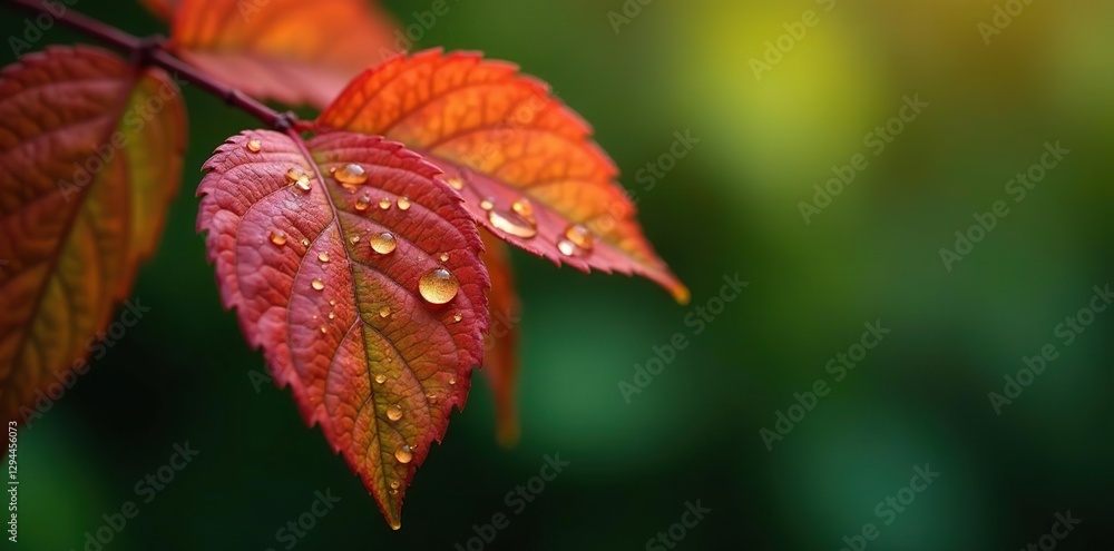 Fototapeta premium Golden water drops clinging to crimson leaves, leaf, green, golden