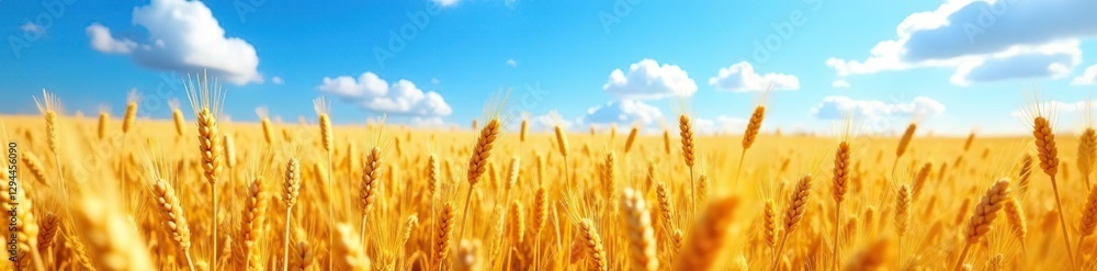 Golden wheat fields stretch towards a brilliant blue sky, bloom, wheat, agriculture Golden wheat fields stretch towards a brilliant blue sky, bloom, wheat, agriculture