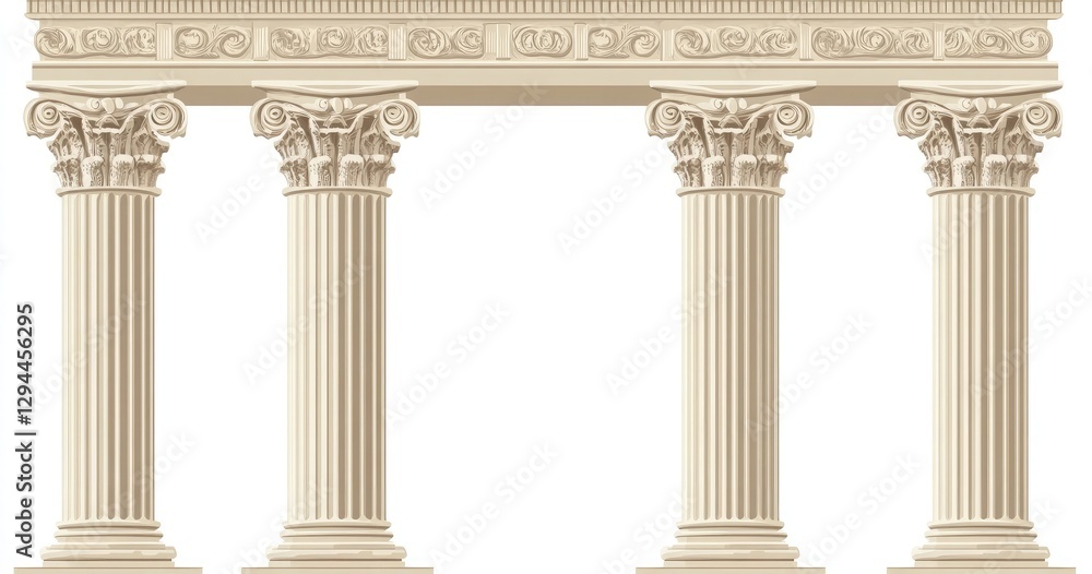 Set of beige antique columns, ancient Greek and Roman pillars, architectural elements Set of beige antique columns, ancient Greek and Roman pillars, architectural elements