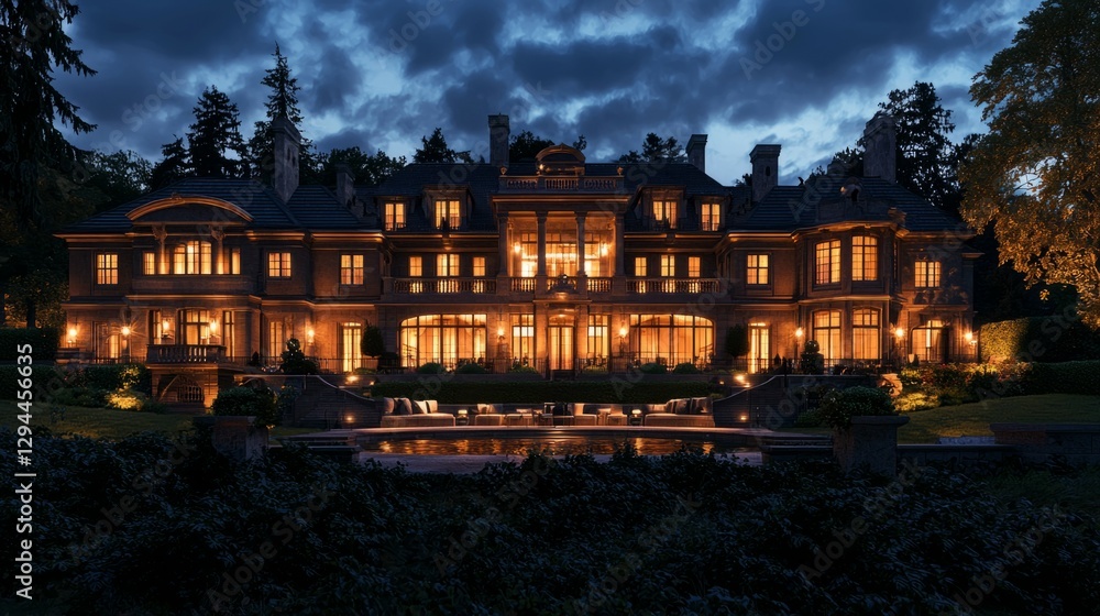 Elegant Mansion Illuminated at Twilight Surrounded by Lush Landscape Elegant Mansion Illuminated at Twilight Surrounded by Lush Landscape