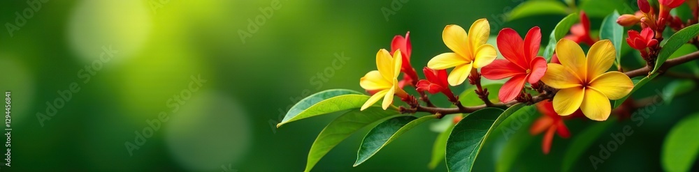 Fototapeta premium Green leaves with red and yellow Ixora flowers blooming on a branch in the garden atmosphere, bloom, leaves, flowers