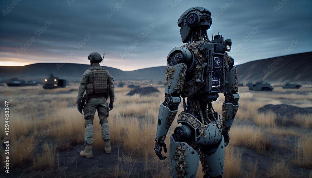 A soldier and a robot stand side by side in a barren landscape, symbolizing the future of warfare and human-machine collaboration. A soldier and a robot stand side by side in a barren landscape, symbolizing the future of warfare and human-machine collaboration.