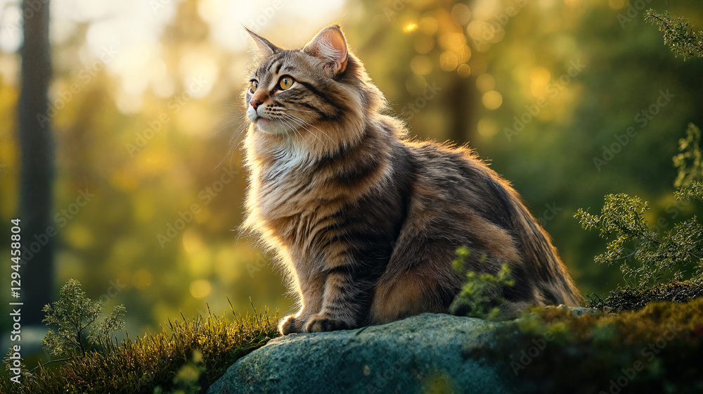 Fototapeta premium Norwegian Forest cat sitting thoughtfully against forest background.