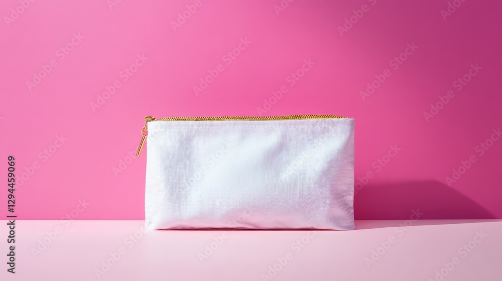 Minimalist cosmetic pouch with a gold zipper lying on a smooth white table, pink background Minimalist cosmetic pouch with a gold zipper lying on a smooth white table, pink background