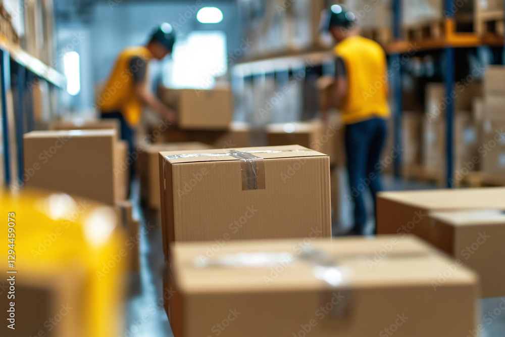 Workers organize and move boxes in a warehouse during daytime operations in a busy logistics facility Workers organize and move boxes in a warehouse during daytime operations in a busy logistics facility