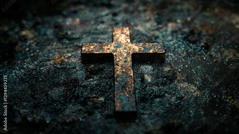 Rusty cross on dark, textured stone background Rusty cross on dark, textured stone background