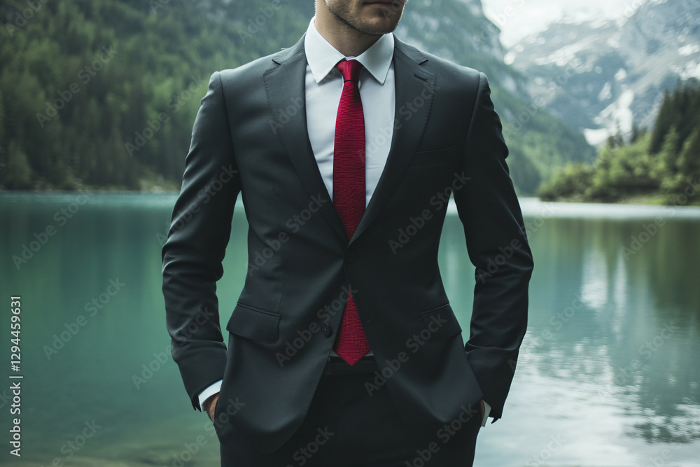 a man in a suit and tie standing by a lake a man in a suit and tie standing by a lake