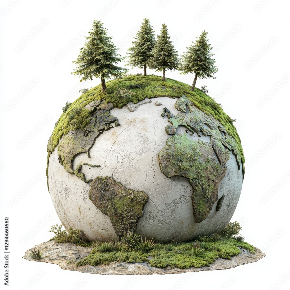 Stone Globe with Moss and Evergreen Trees Stone Globe with Moss and Evergreen Trees