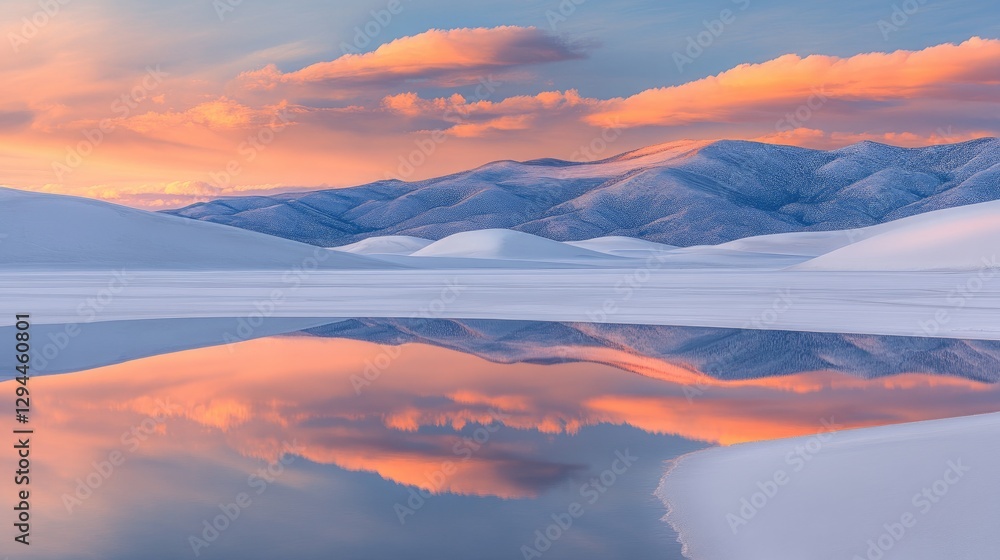 Fototapeta premium Reflections of orange and pink sunset clouds in the still water on white sand