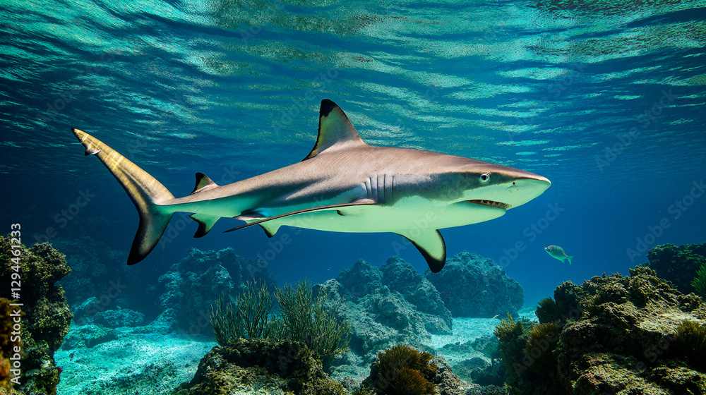 Obraz premium Blacktip Shark wimming over coral reef