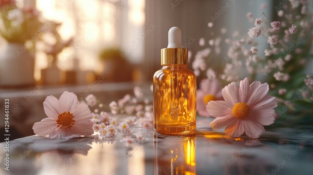 Serene Skincare Essence: Close-up of an amber glass bottle containing a beauty product with a dropper, surrounded by delicate flowers and soft sunlight. Serene Skincare Essence: Close-up of an amber glass bottle containing a beauty product with a dropper, surrounded by delicate flowers and soft sunlight.
