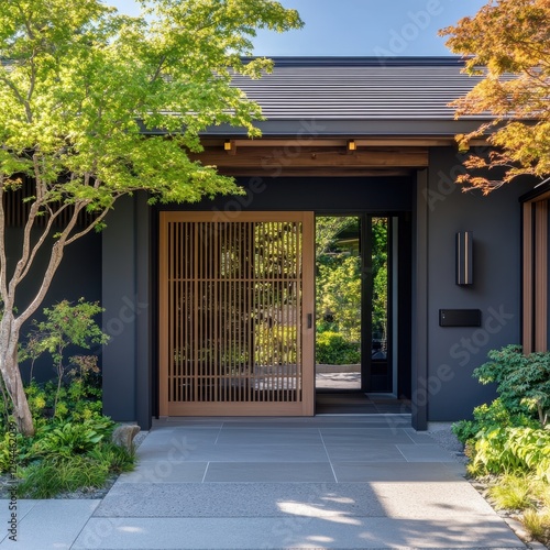 Modern Japanese Home Featuring Beautiful Architecture and Landscaping photo