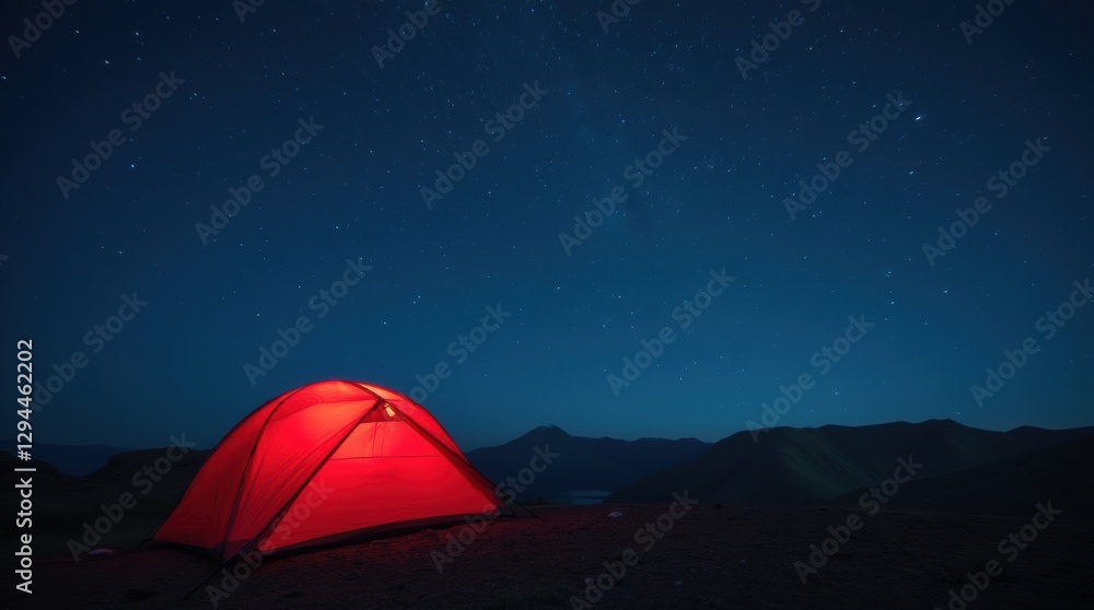 Red camping tent against a deep blue night sky filled with twinkling stars, mountain outline in distance Red camping tent against a deep blue night sky filled with twinkling stars, mountain outline in distance
