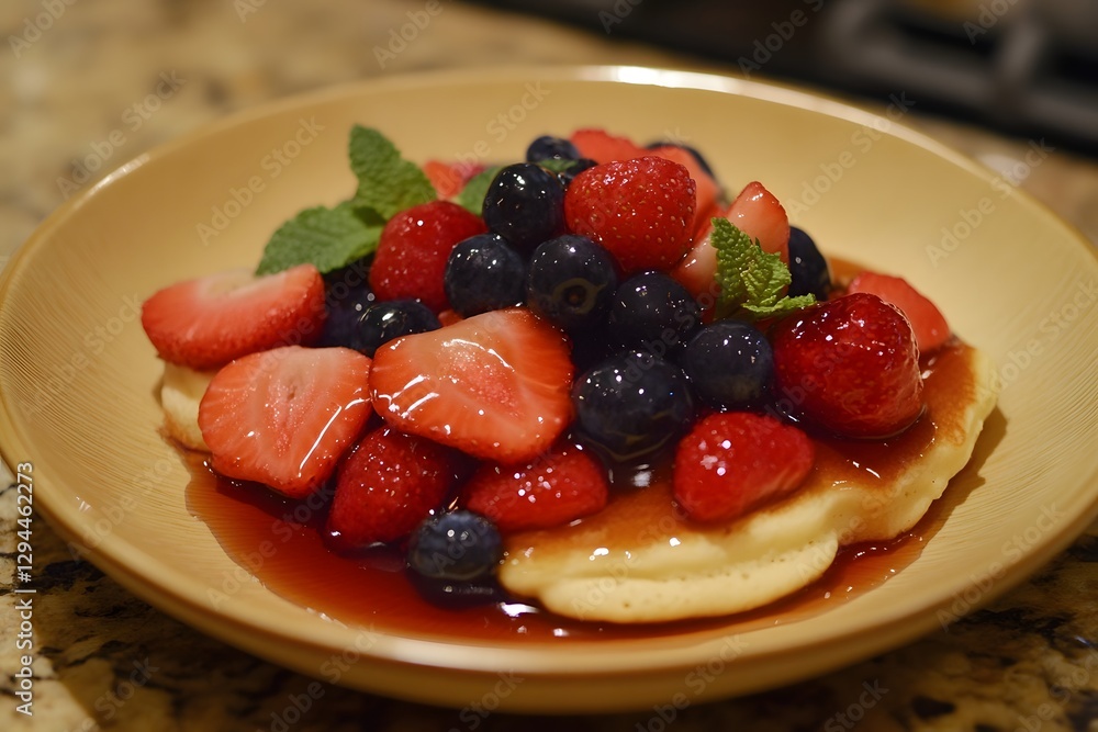 Delightful Japanese Souffl Pancakes with Berries and Syrup on Plate Delightful Japanese Souffl Pancakes with Berries and Syrup on Plate