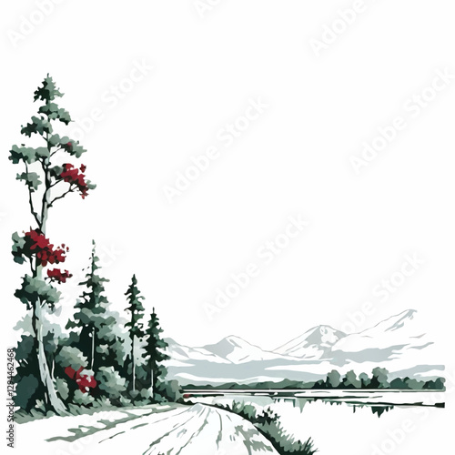 landscape vector with mountains, trees, river and road and blank area for text insertion