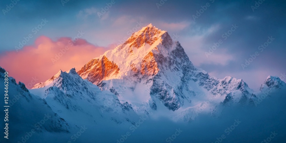 Majestic snowy mountain peak in soft dawn light offers a breathtaking view. The clouds add a dramatic touch. Perfect for nature lovers and travel enthusiasts. AI Majestic snowy mountain peak in soft dawn light offers a breathtaking view. The clouds add a dramatic touch. Perfect for nature lovers and travel enthusiasts. AI