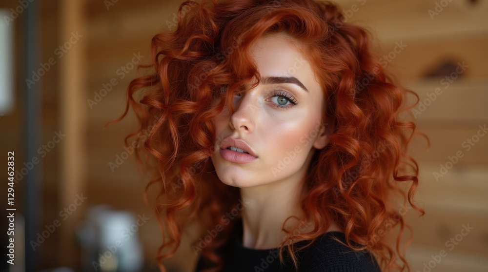 Fototapeta premium European woman with curly red hair post-keratin treatment, wooden spa interior in blurred background 