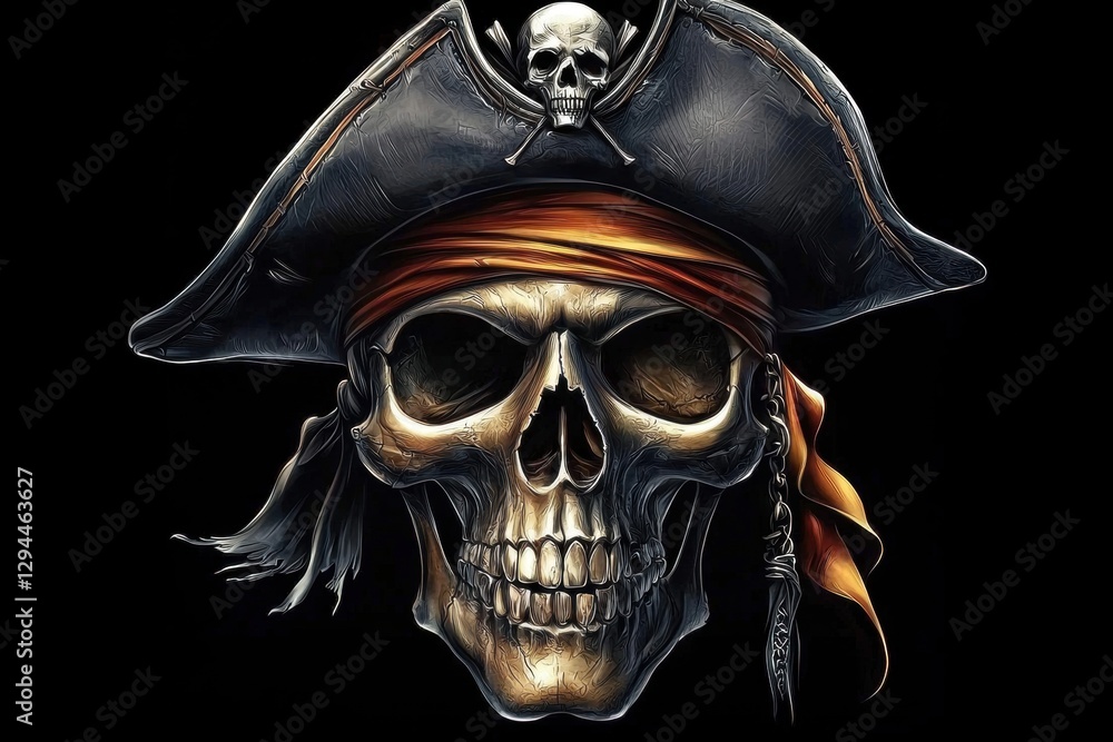 Fototapeta premium Artistic representation of a pirate skull featuring a classic hat.