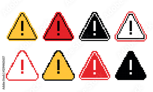 Set of pixel art danger exclamation marks sign. Caution alarm, attention pixel icons. Fatal error warning message. Retro game effect. 8 bit button. 2D sprite sheet