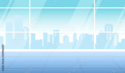 Panoramic view of the skyline and buildings through a glass window - stock illustration