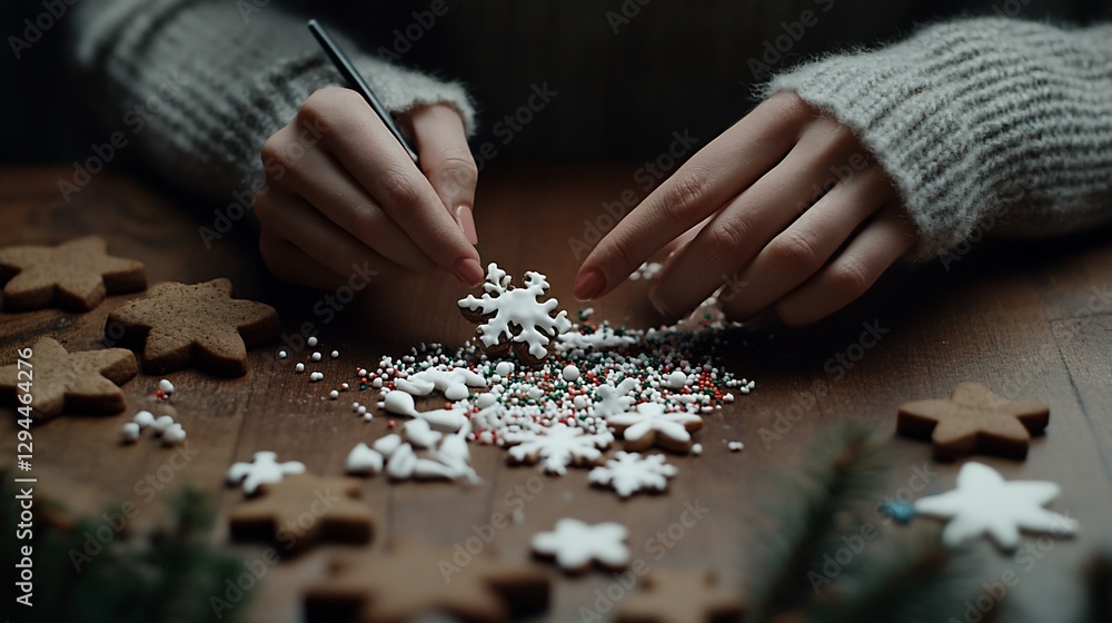 Woman decorating gingerbread cookies with snowflake icing. Woman decorating gingerbread cookies with snowflake icing.