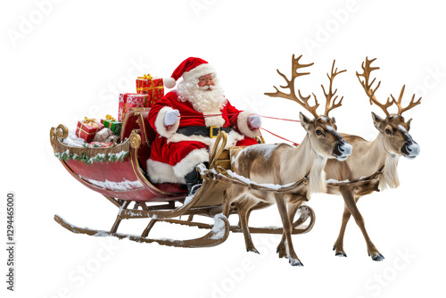 Santa claus delivering gifts on sleigh with reindeer transparent background png white space environment