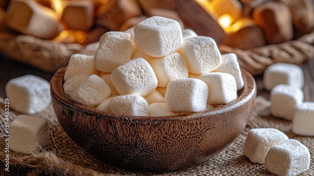 Wooden bowl of fluffy marshmallows by warm fireplace Wooden bowl of fluffy marshmallows by warm fireplace