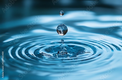 A single water droplet impacts a calm surface, creating ripples and a mesmerizing reflection.