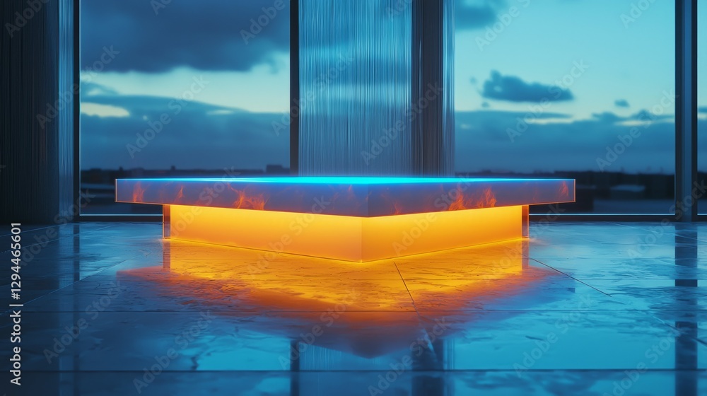 Fototapeta premium Futuristic Table with Neon Lights in Modern Interior Space