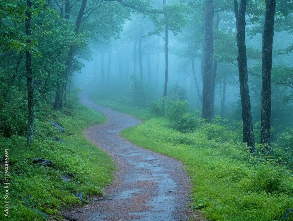 Naklejka premium Serene winding path through misty forest landscape with lush greenery and tall trees creating a tranquil atmosphere on a foggy day