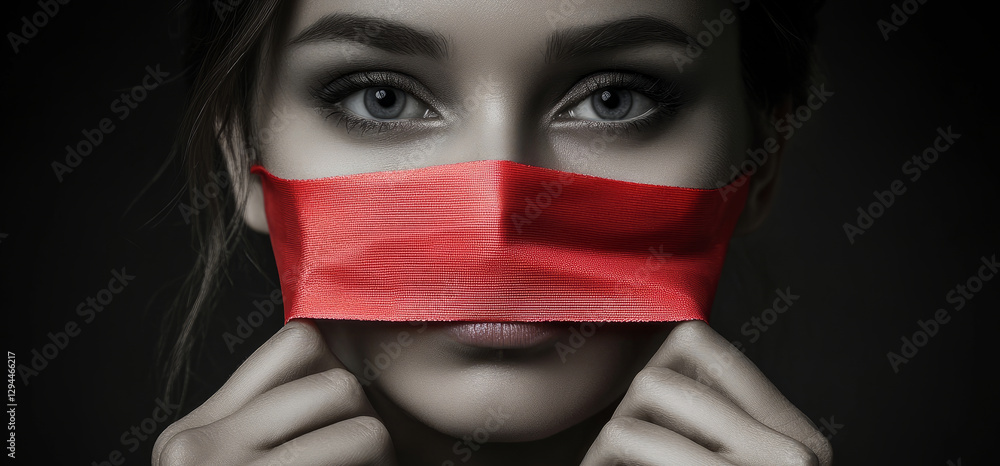 woman with her mouth covered by red tape, symbolizing the right to silence and freedom of speech woman with her mouth covered by red tape, symbolizing the right to silence and freedom of speech