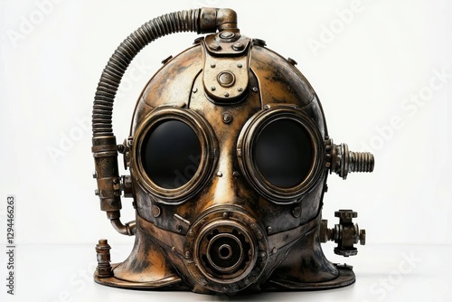 Aesthetic representation of an old diving helmet, showcased beautifully on white.