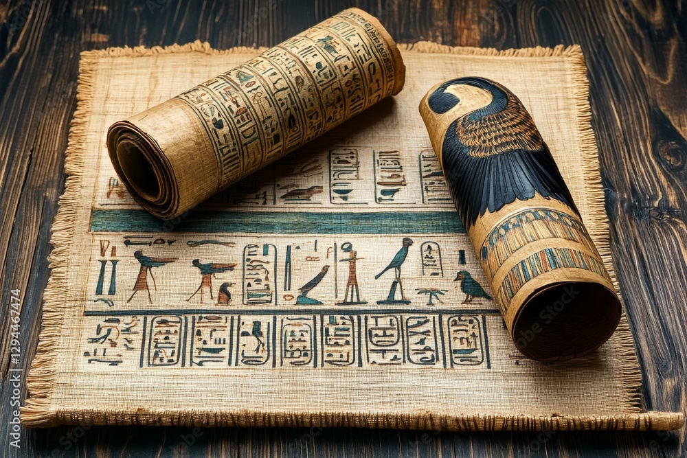 Ancient Egyptian papyrus scroll and artwork on a wooden table. Ancient Egyptian papyrus scroll and artwork on a wooden table.