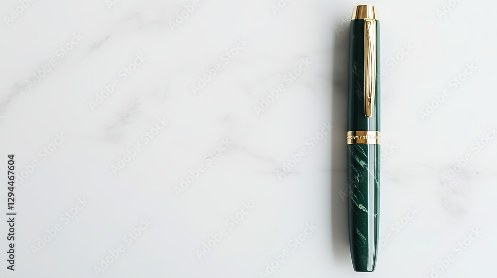 Fototapeta premium A new, stylish green pen isolated on a white background, viewed from above.