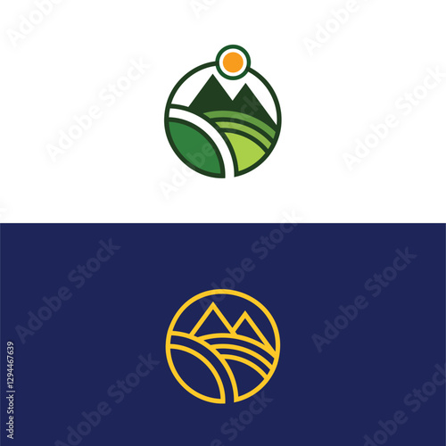 Flat line art travel logo template, minimal logotype of mountain