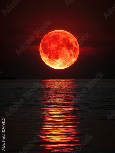 Fiery moonrise over tranquil sea with vibrant reflections casting a warm glow on the water surface creating a dramatic and serene nocturnal seascape