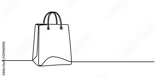 Shopping paper bag continuous one line drawing. Craft paper pack for gift food item packet retail packaging concept vector illustration, Paper package black linear sketch isolated on white background.