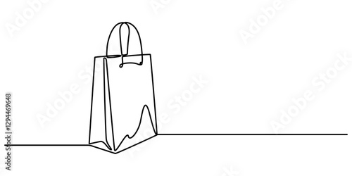 Shopping paper bag continuous one line drawing. Craft paper pack for gift food item packet retail packaging concept vector illustration, Paper package black linear sketch isolated on white background.