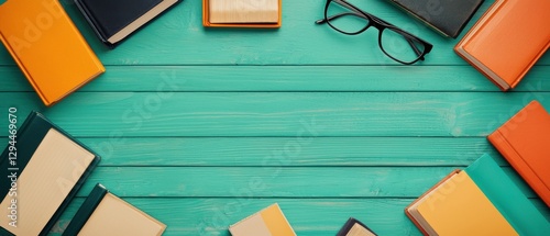 Wood Background Infographics concept. Organized Workspace with Educational and Business Supplies on Green Wooden Desk