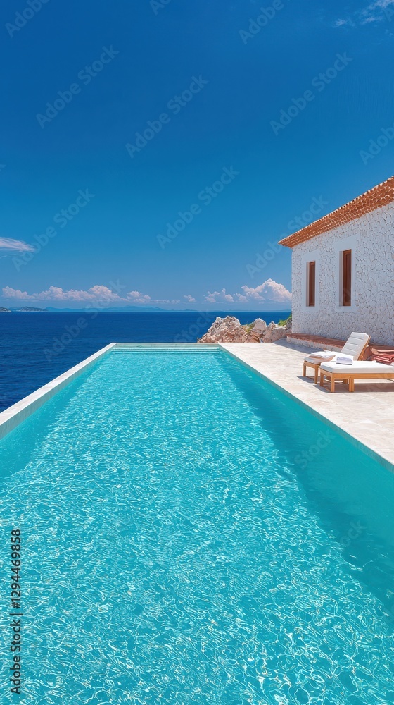 Fototapeta premium Relaxing by the infinity pool overlooking the ocean luxury villa outdoor bright day scenic view