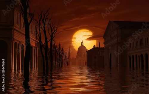 A futuristic AI-driven flood wiping away all traces of the old world, replacing it with a luminous digital utopia