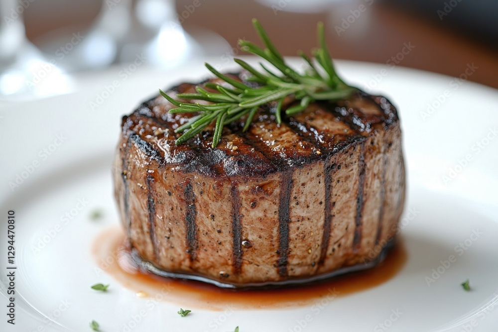 Delicious grilled filet mignon steak topped with fresh rosemary on a white plate elegant presentation culinary delight gourmet food photography Delicious grilled filet mignon steak topped with fresh rosemary on a white plate elegant presentation culinary delight gourmet food photography